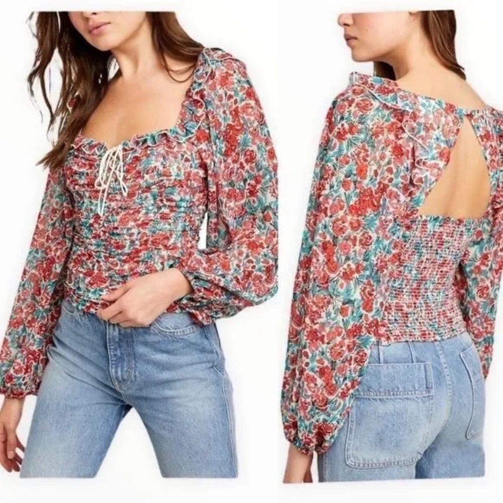Free People Mabel Floral Print Blouse Red Green M